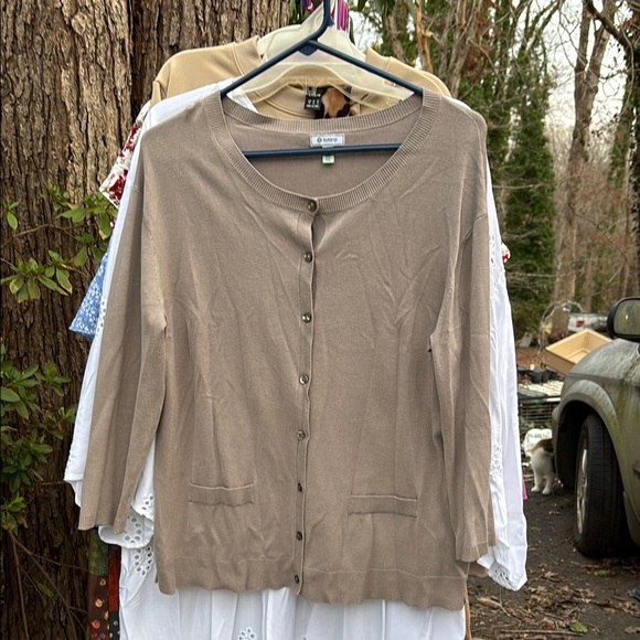 Susma Taupe Tan Green Button Up Cardigan Sweater Pockets Ribbed Edges Women’s L - Picture 1 of 15
